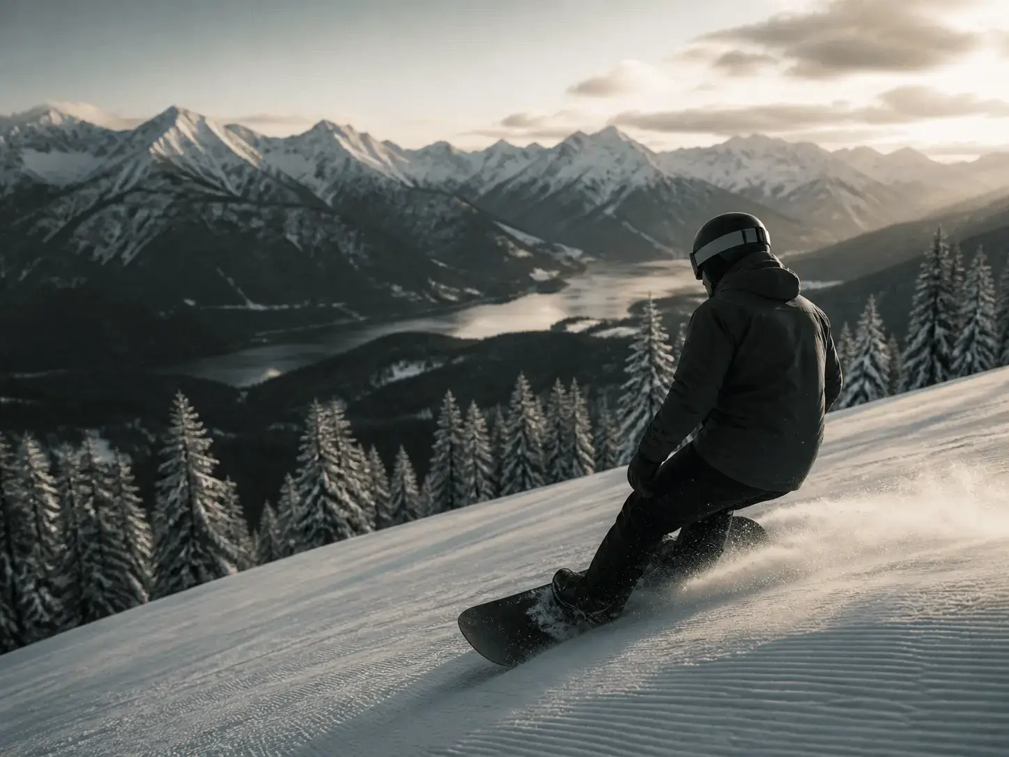 home-snowboarding Bill Ilkov snowboarding on a winter mountain run