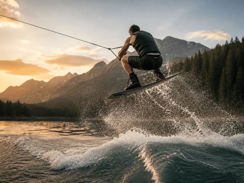 Bill Ilkov wakeboarding on open water