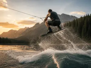 Bill Ilkov wakeboarding on open water
